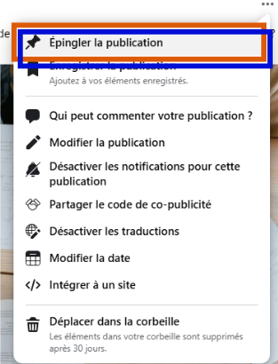 Contenu du menu associé à une publication Facebook