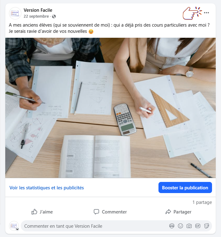 Mise en avant du menu permettant d'agir sur une publication Facebook